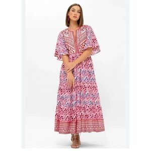 Oliphant Flirty V-Neck Maxi Mendoza Coral
Dress Hand Embroidered Accents